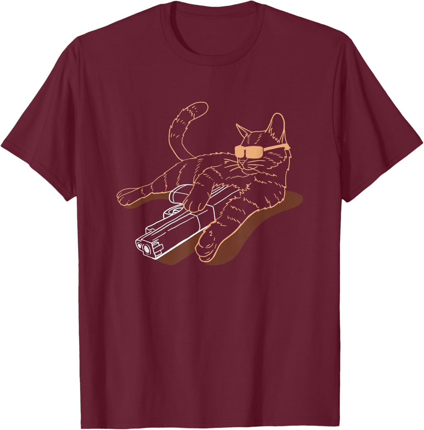 FRESAN - Gun Cat Lover Cool Kitten Weapon - Cat Gun Themed - -Adults - Black - Short Sleeve - Small T-Shirt - T-Shirt | Maroon