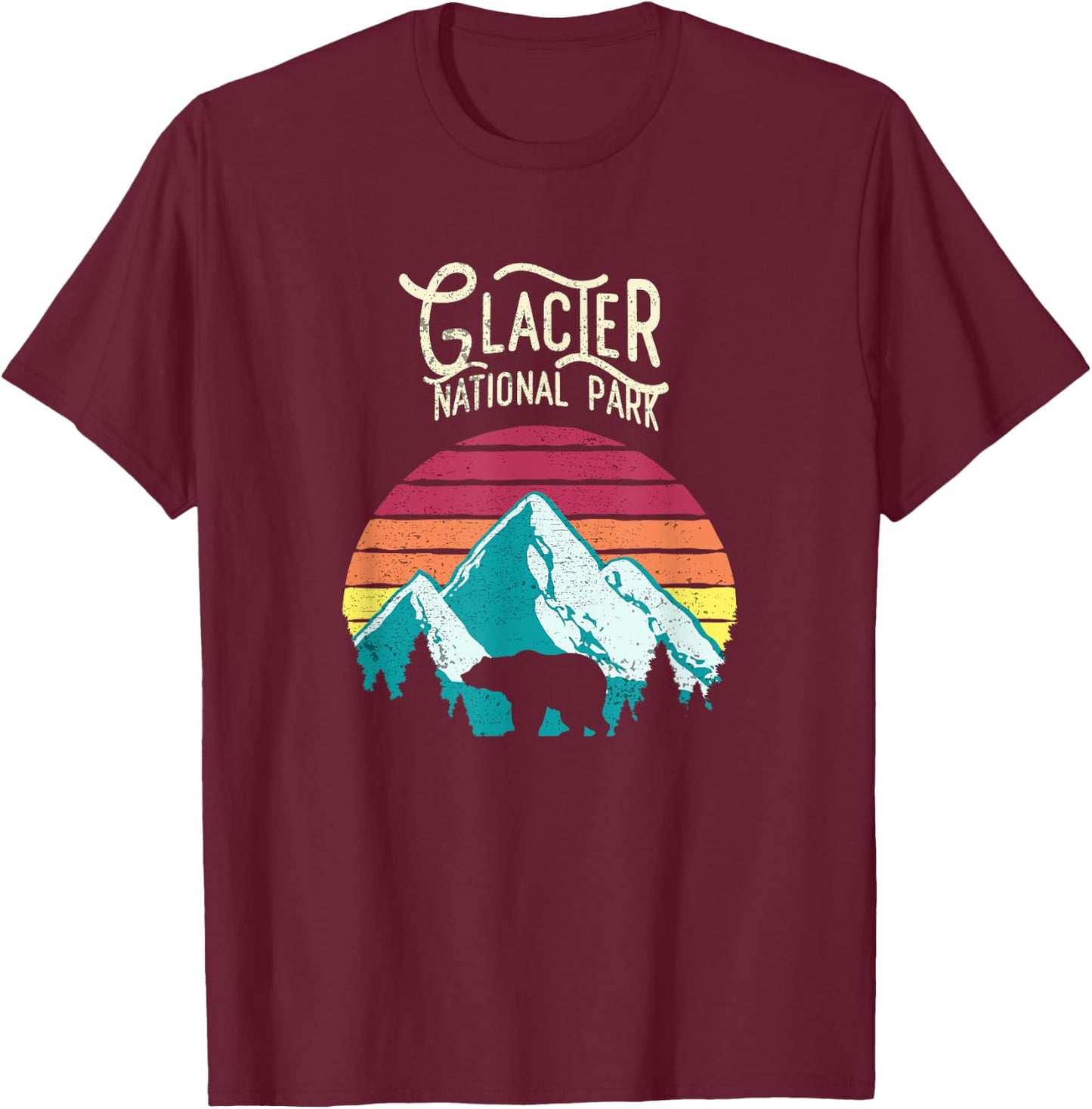 Vintage Glacier National Park Mountain Bear Retro T-Shirt - T-Shirt | Maroon