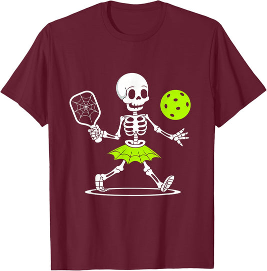Spooky Pickleball Halloween Skeleton Women T-Shirt - T-Shirt | Maroon