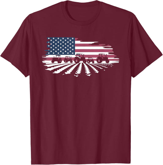 Agriculture Farm Tractor USA Flag Tractor American Farm T-Shirt - T-Shirt | Maroon