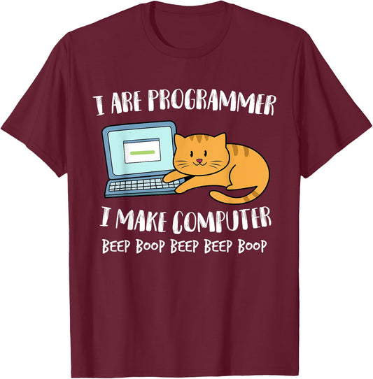 I Are Programmer I Make Computer Beep Funny Cute Cat Men Women Girls Kids T-Shirt - T-Shirt | Maroon