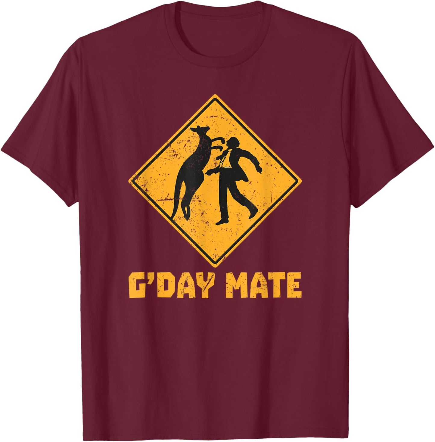 G'Day Mate Funny Kangaroo Punching Person Sign T-Shirt - T-Shirt | Maroon