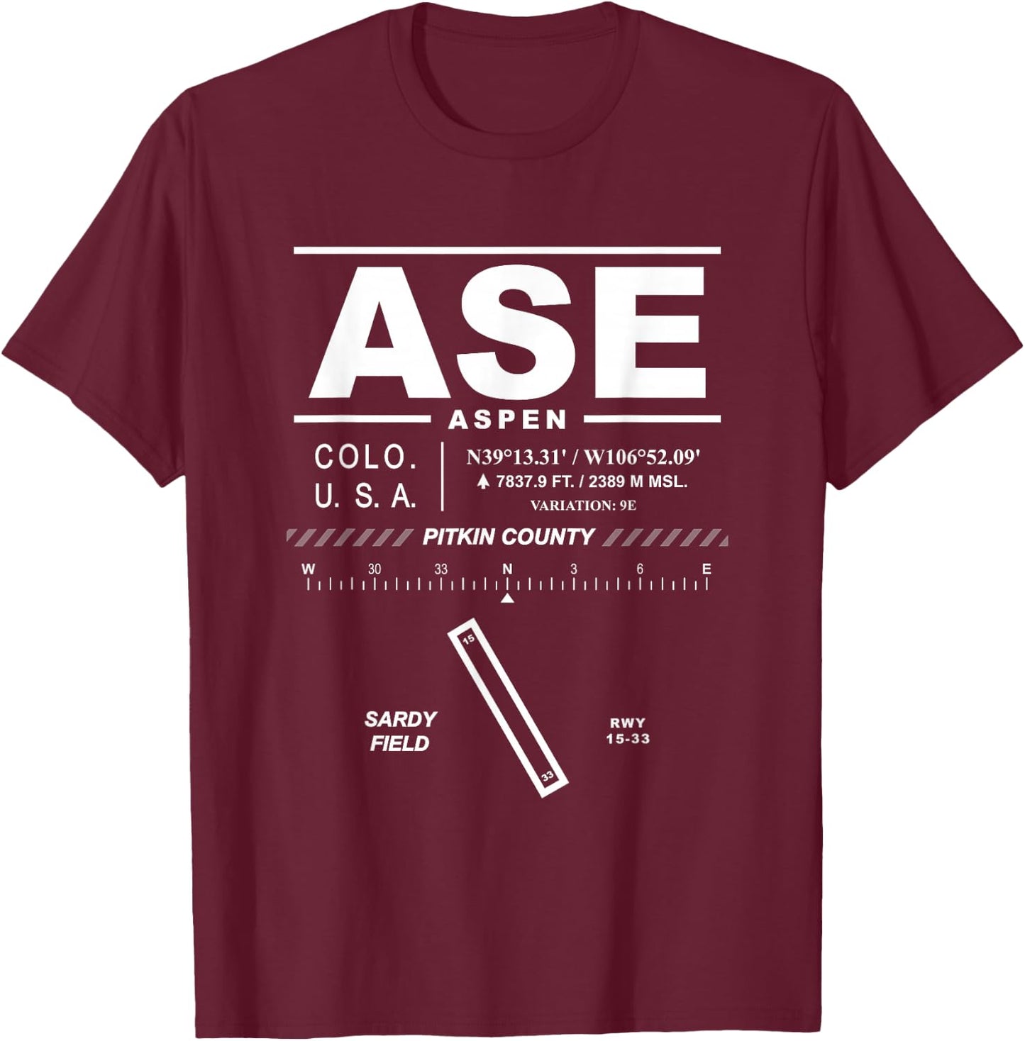 Aspen Pitkin County Airport Sardy Field Colorado ASE T-Shirt - T-Shirt | Maroon