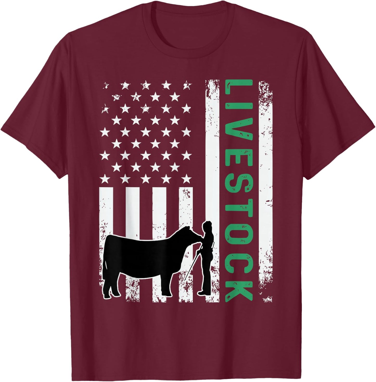 Patriotic Livestock Showmanship Girl and Show Stock Steer T-Shirt - T-Shirt | Maroon
