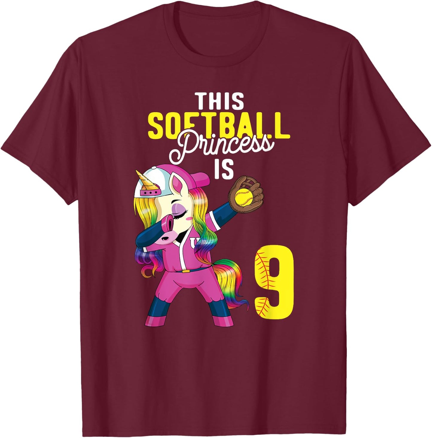 This Softball Princess is 9th Birthday Unicorn Dabbing Gift T-Shirt - T-Shirt | Maroon