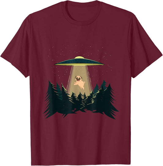Pug Alien Abduction - - UFO - Adorable Dog Shirt T-Shirt - T-Shirt | Maroon