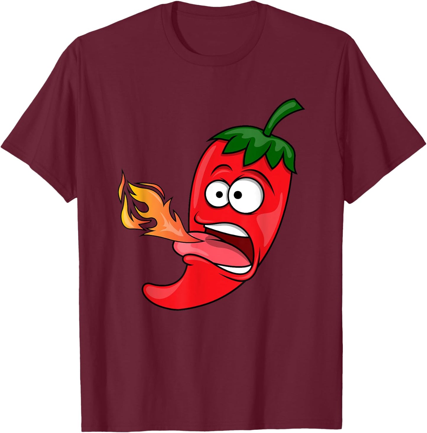 Chili Pepper Breathing Fire | Red Hot Funny Cartoon T-Shirt - T-Shirt | Maroon