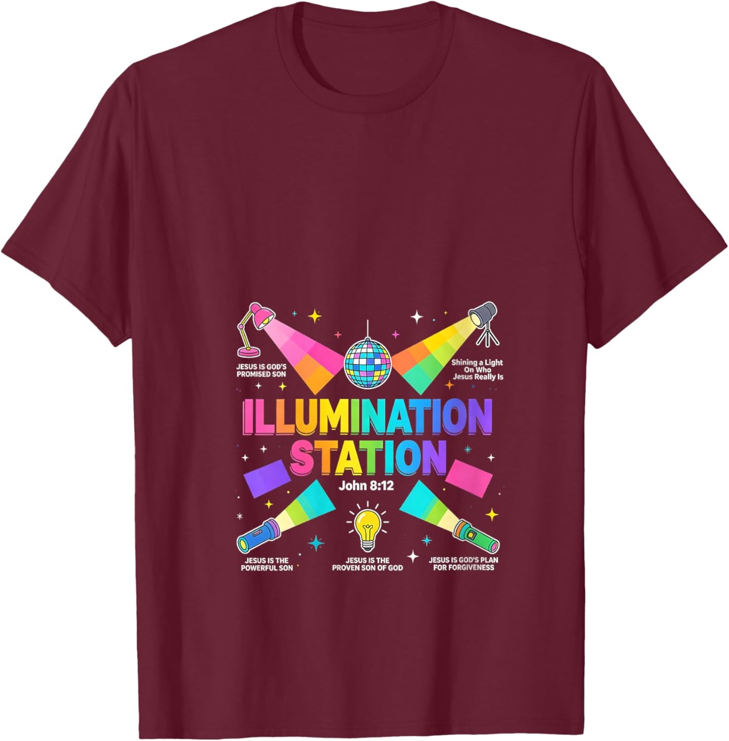 Women's Illumination Station VBS 2026 Shining Light Who Jesus Really V-Neck T-Shirt - T-Shirt | Maroon