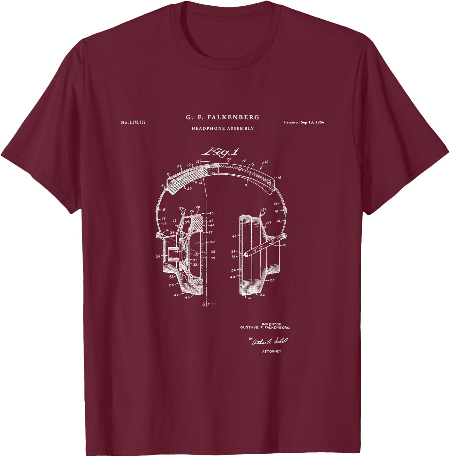 Patent Shirts Headphone Patent - Music Shirt & Girls, Black, Small T-Shirt - T-Shirt | Maroon