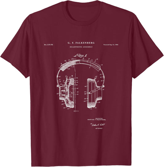 Patent Shirts Headphone Patent - Music Shirt & Girls, Black, Small T-Shirt - T-Shirt | Maroon