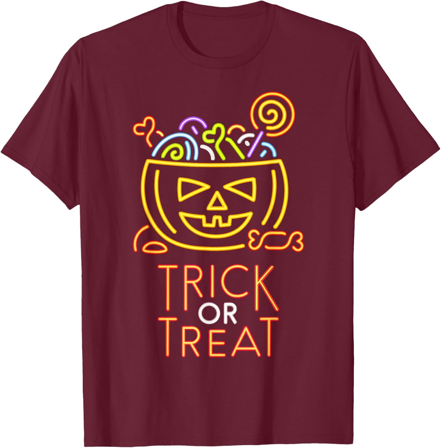 Trick Or Treat Neon Sign Halloween Costume T-Shirt - T-Shirt | Maroon