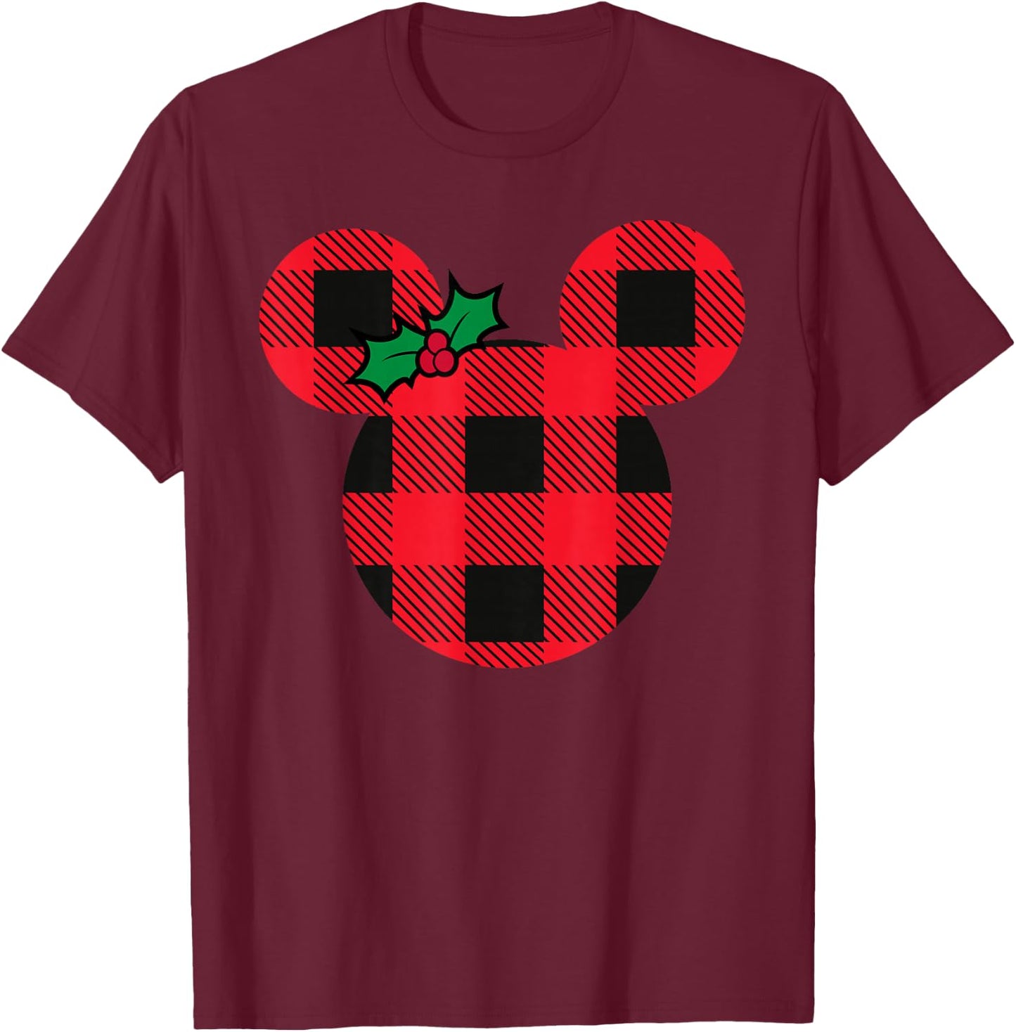 Disney Minnie Mouse Icon Holiday Plaid with Holly Christmas T-Shirt - T-Shirt | Maroon
