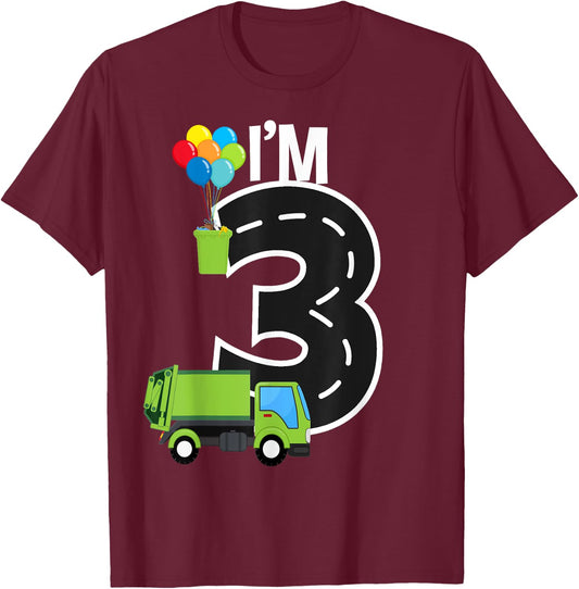 I'm Three 3 Year Old Birthday Boy Garbage Truck Toddler T-Shirt - T-Shirt | Maroon