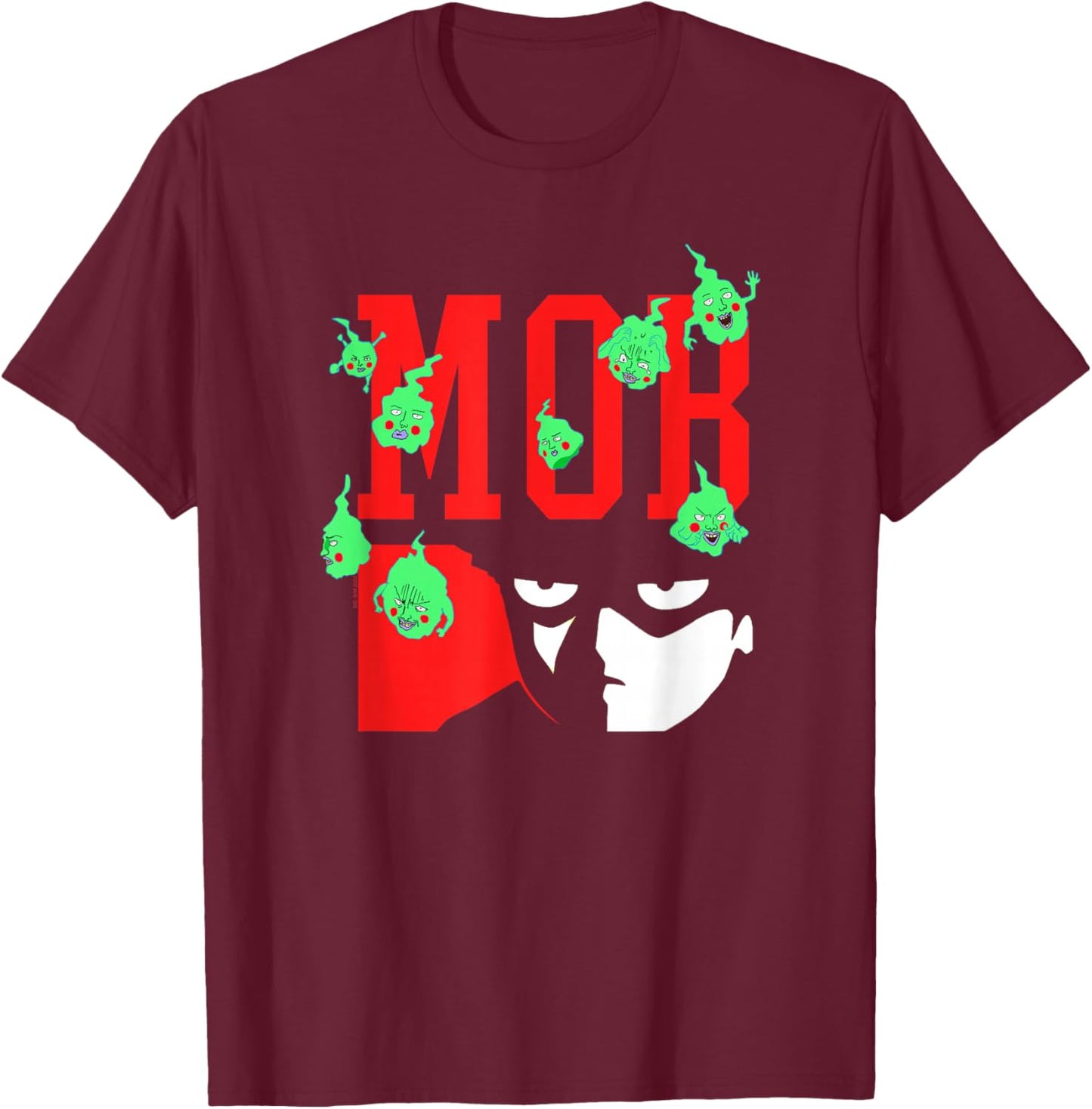 Mob Psycho 100 Mob Eyes with Green Ghost Anime T-Shirt - T-Shirt | Maroon