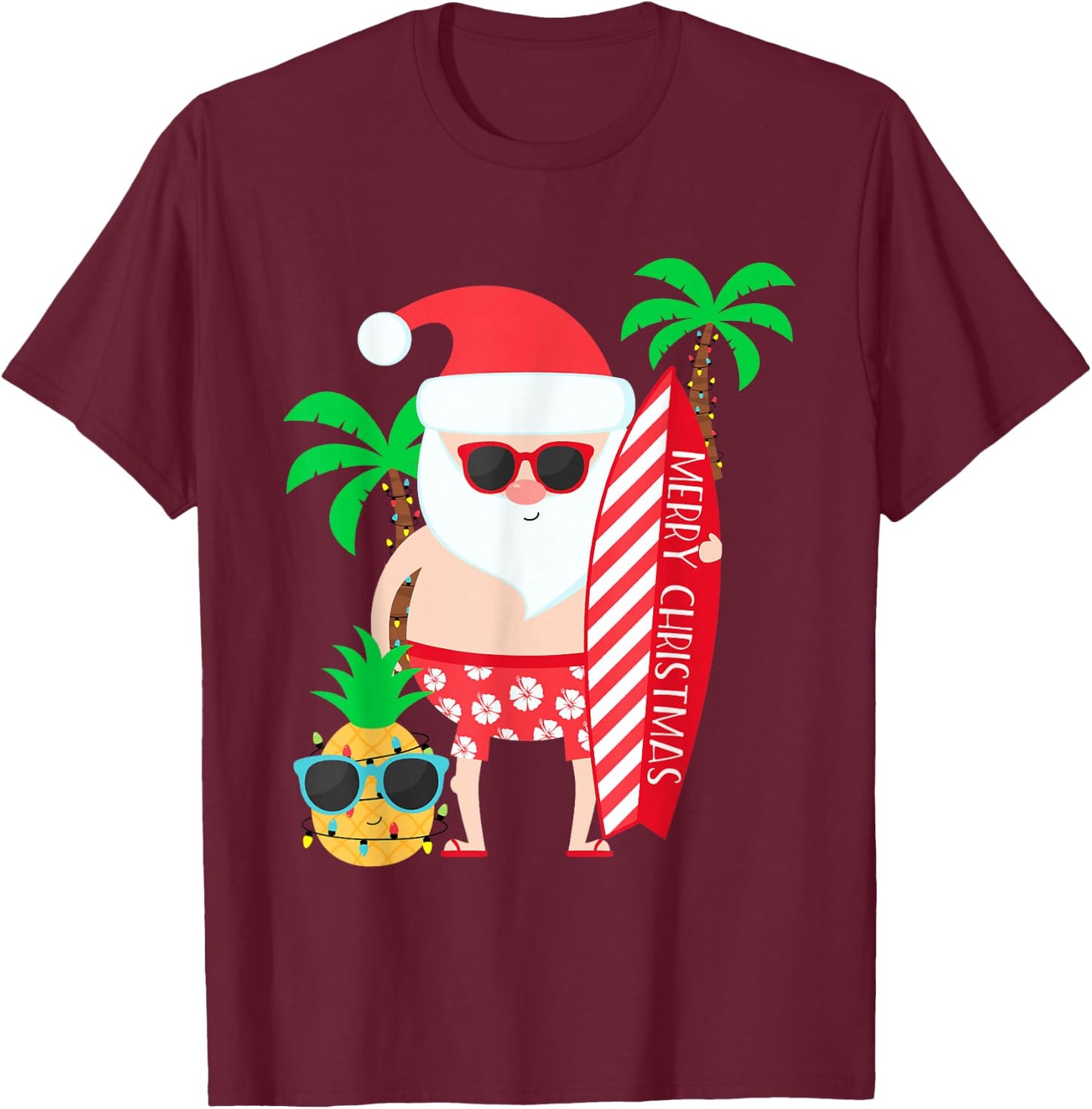 Santa Surfing Hawaiian Beach Christmas in July Tropical T-Shirt - T-Shirt | Maroon