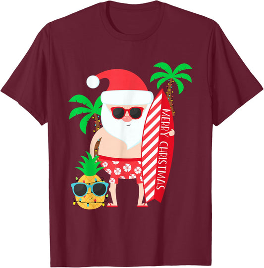 Santa Surfing Hawaiian Beach Christmas in July Tropical T-Shirt - T-Shirt | Maroon