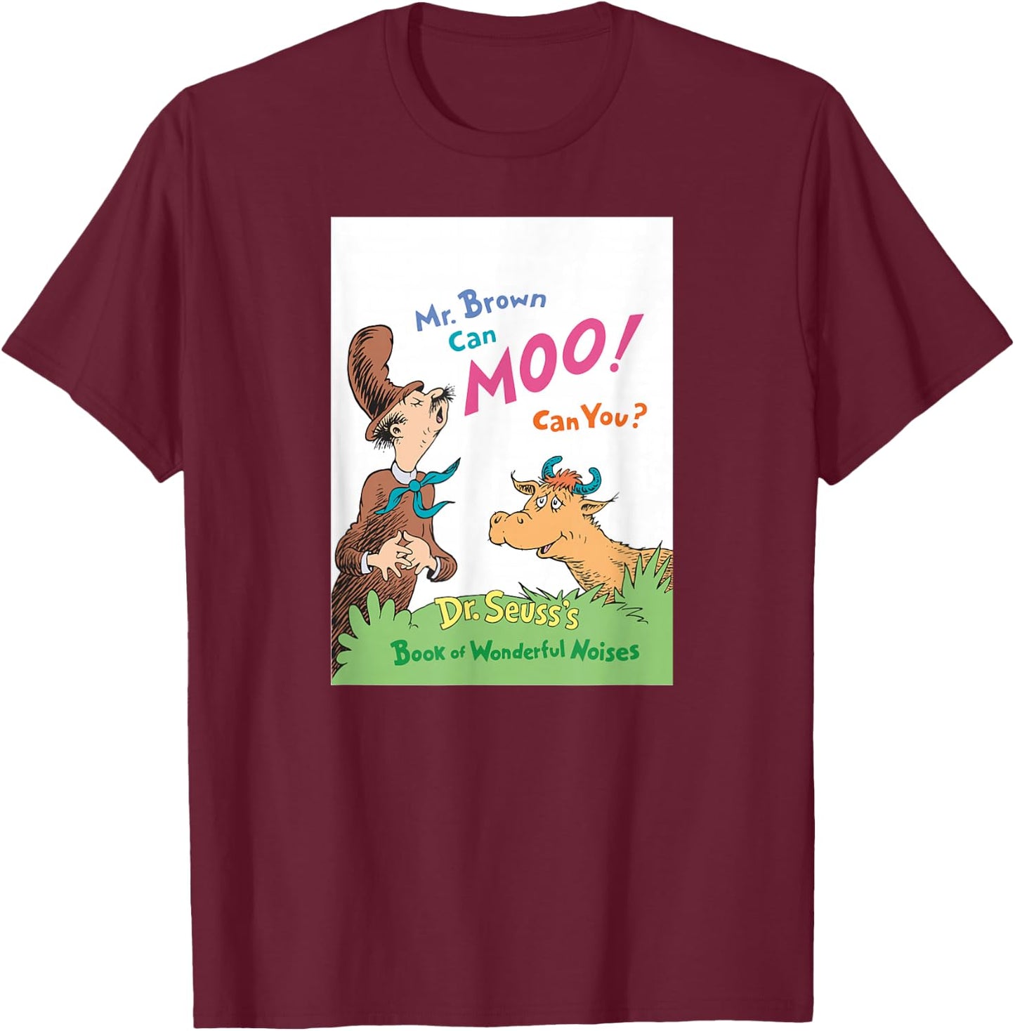 Dr. Seuss Mr. Brown Can Moo Book Cover T-Shirt - T-Shirt | Maroon
