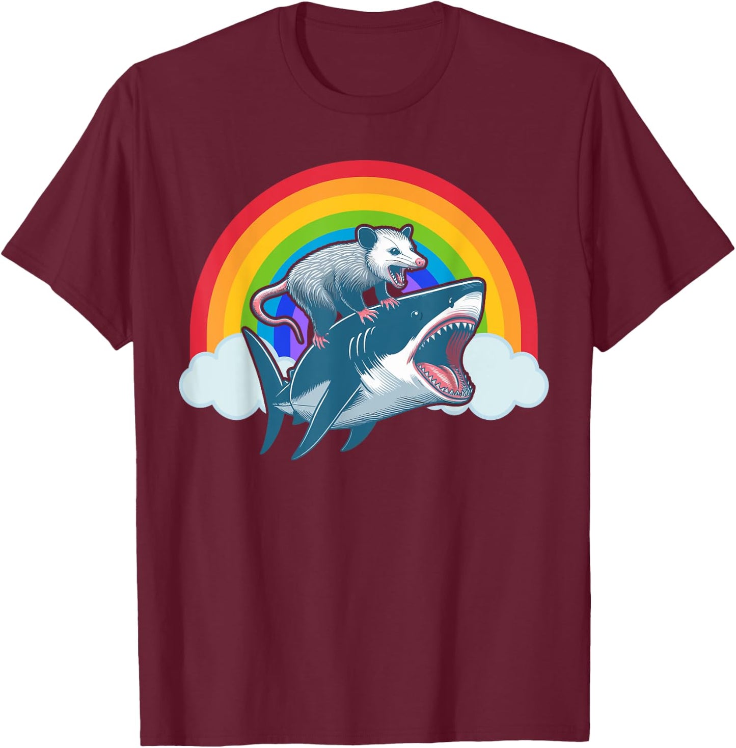 Funny Opossum Riding Shark Rainbow Possum Trash Marsupial T-Shirt - T-Shirt | Maroon