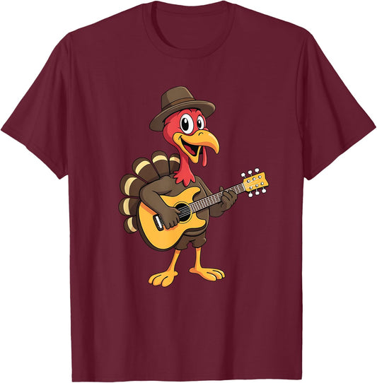 Funny Thanksgiving Guitarist Musician Turkey Playing Guitar T-Shirt - T-Shirt | Maroon