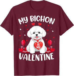 Bichon Is My Valentine Love Hearts Bichon Dog Valentines Day Women Girls Kids T-Shirt - T-Shirt | Maroon