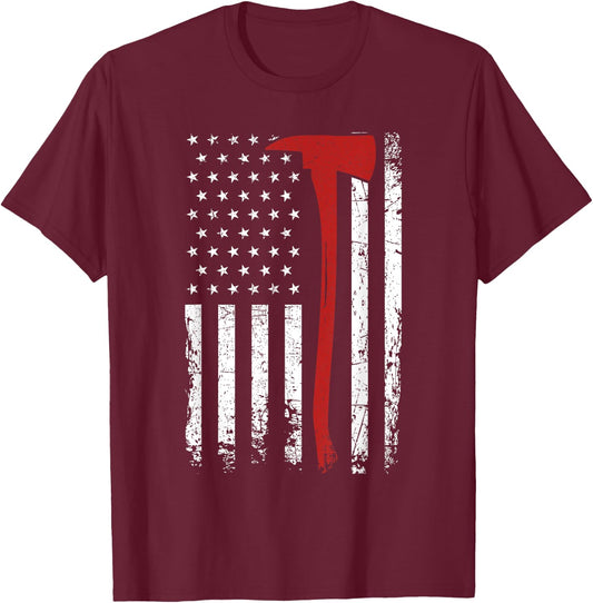 Wildland Firefighter Axe American Flag Thin Red Line Fireman T-Shirt - T-Shirt | Maroon