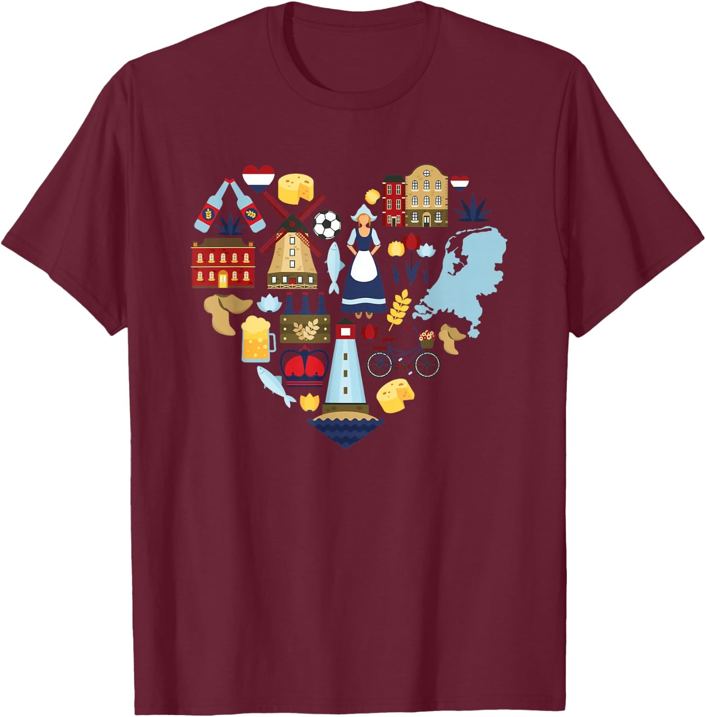 Netherlands Heart Tulips Windmill Canal Dutch Delight T-Shirt - T-Shirt | Maroon