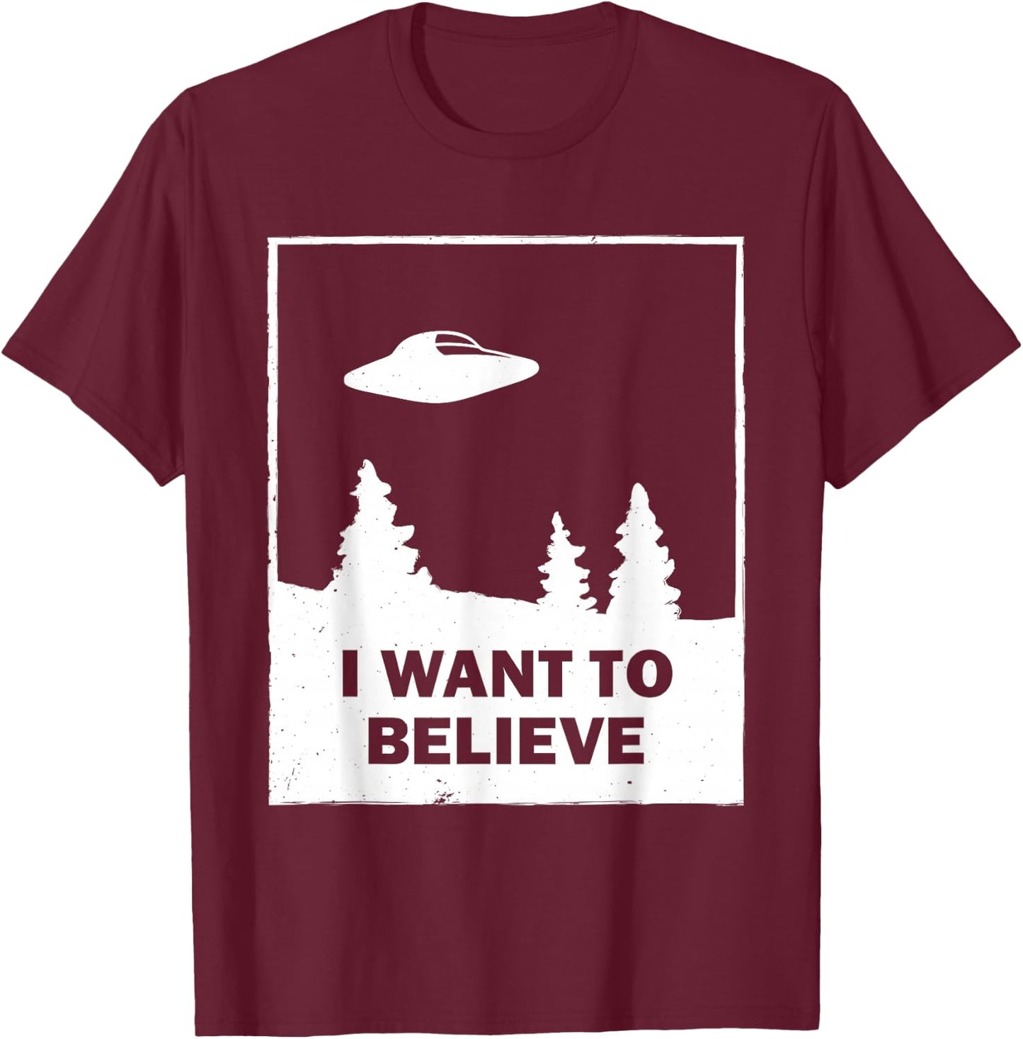 Vintage White I Want To Believe UFO T-Shirt - T-Shirt | Maroon