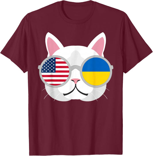 Funny Proud Ukrainian American Cat Ukraine USA Flag Gift T-Shirt - T-Shirt | Maroon