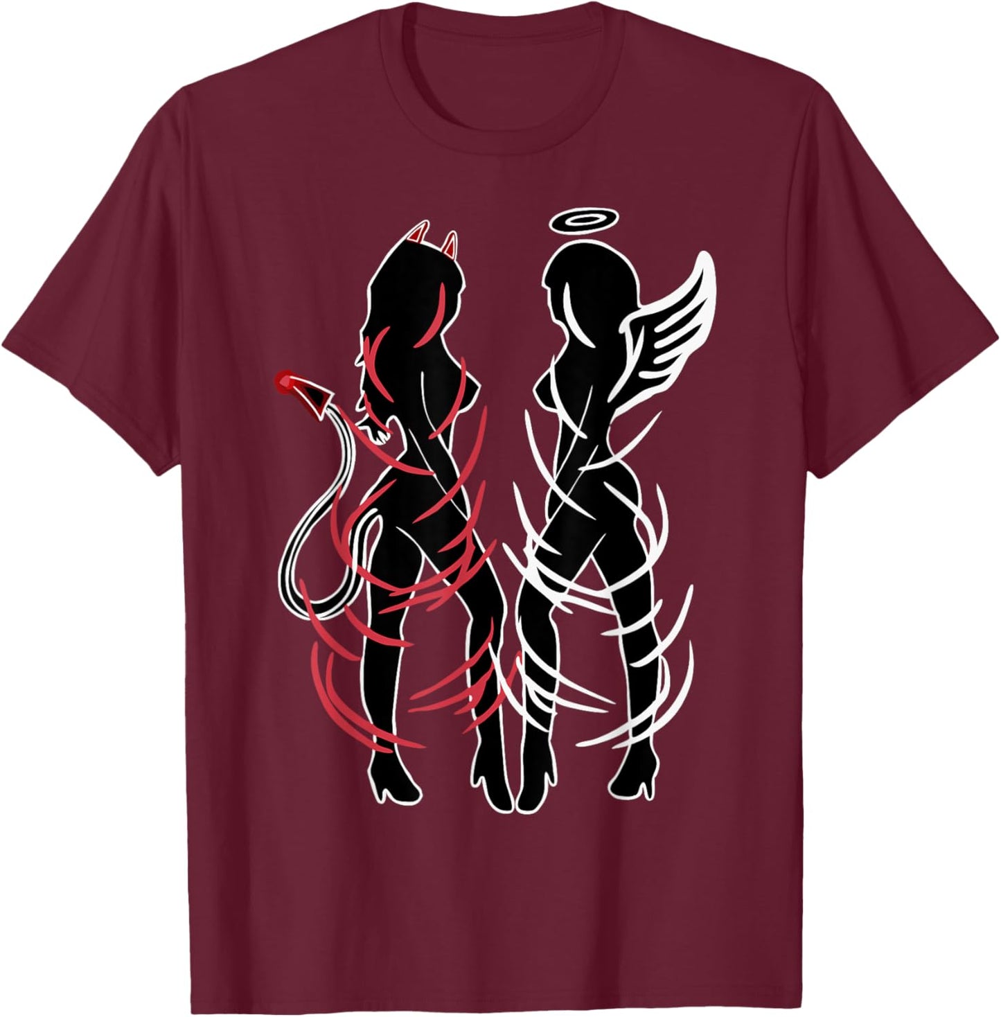 Sexy Women Illustration Duality Symbol Devil And Angel Girls T-Shirt - T-Shirt | Maroon