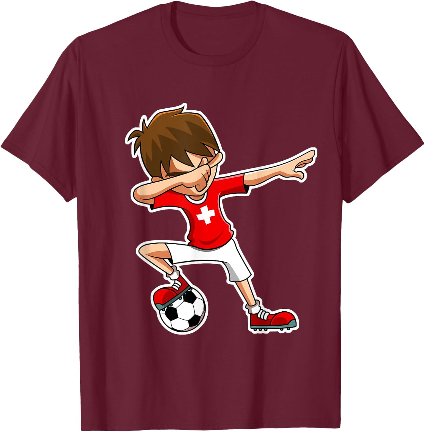 Dabbing Soccer Boy Switzerland Shirt, Swiss Flag Jersey T-Shirt - T-Shirt | Maroon