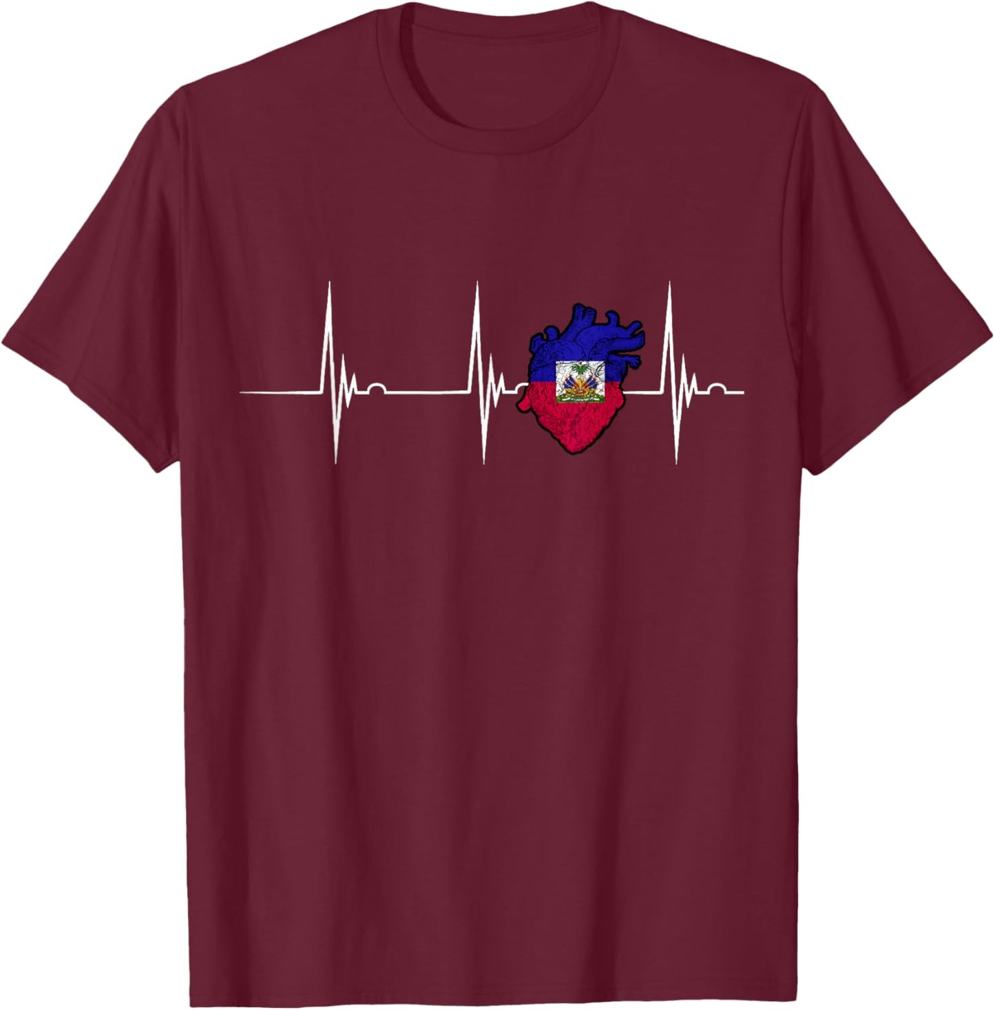 Haiti Flag Heart Heartbeat EKG Pulse Haitian Roots T-Shirt - T-Shirt | Maroon