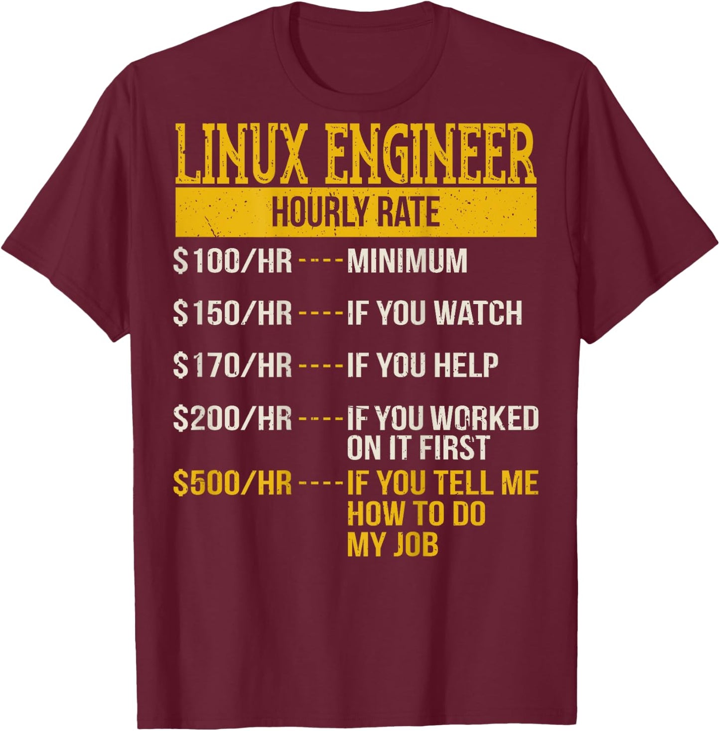 Hourly Rate Shirt for Linux Engineers, Unix Geek Gift T-Shirt - T-Shirt | Maroon