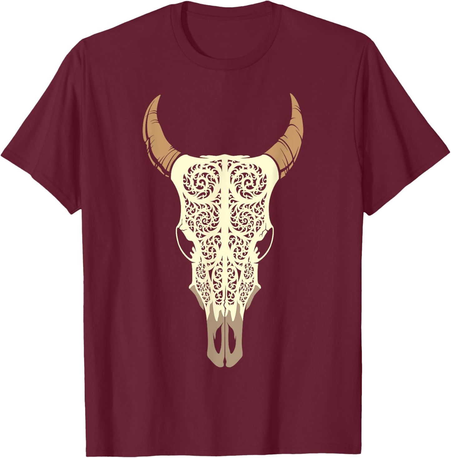 Steer Head Skull Shirt Cow Bull Horn Western Tribal Boho T-Shirt - T-Shirt | Maroon