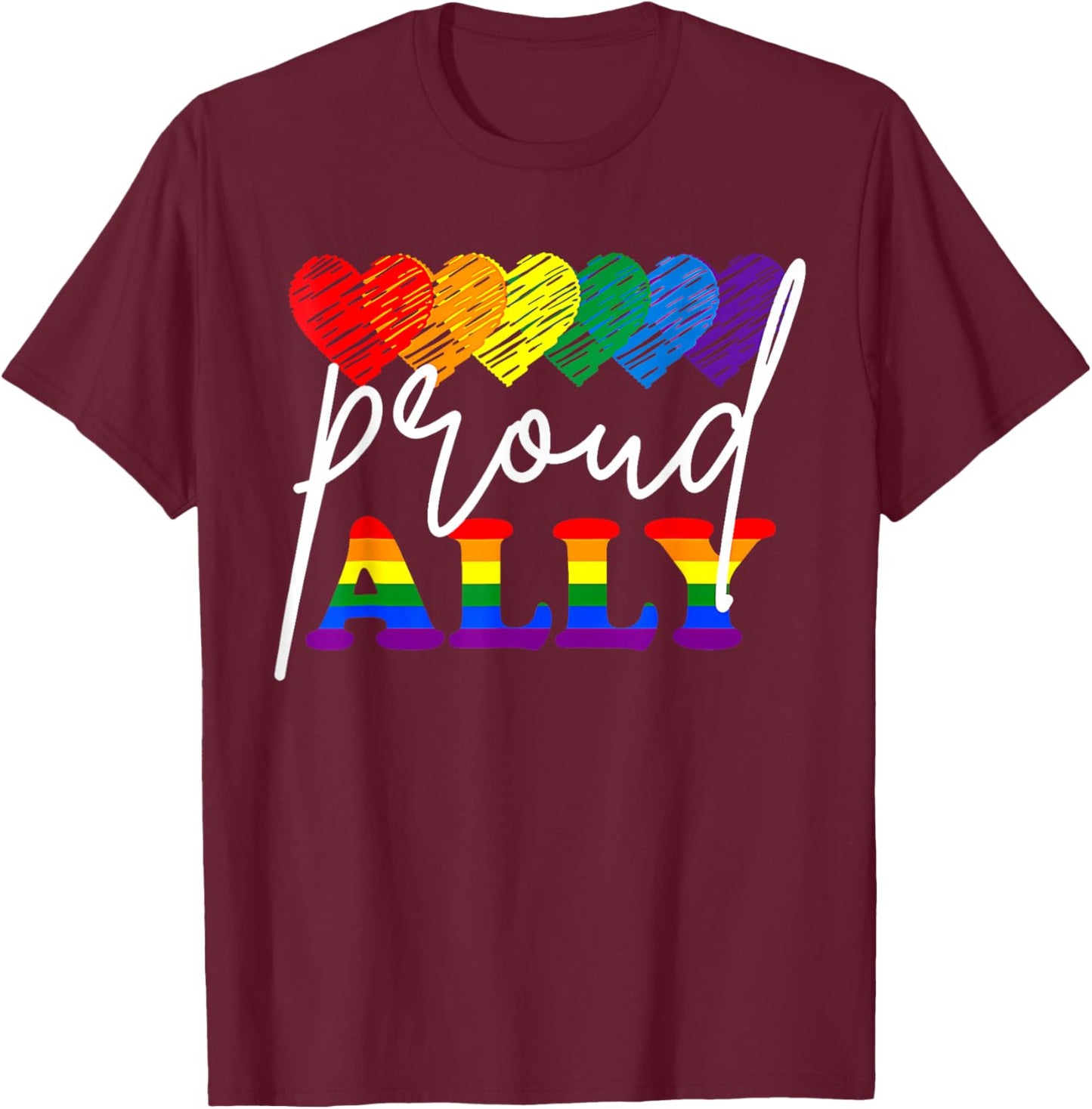 LGBTQ Hearts Gay Pride Month Lgbt Ally Proud Rainbow Flag T-Shirt - T-Shirt | Maroon