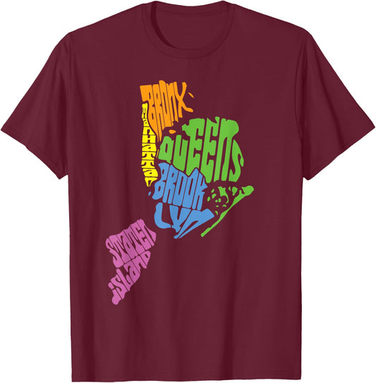 New York City Five Boroughs Map Retro T-Shirt - T-Shirt | Maroon