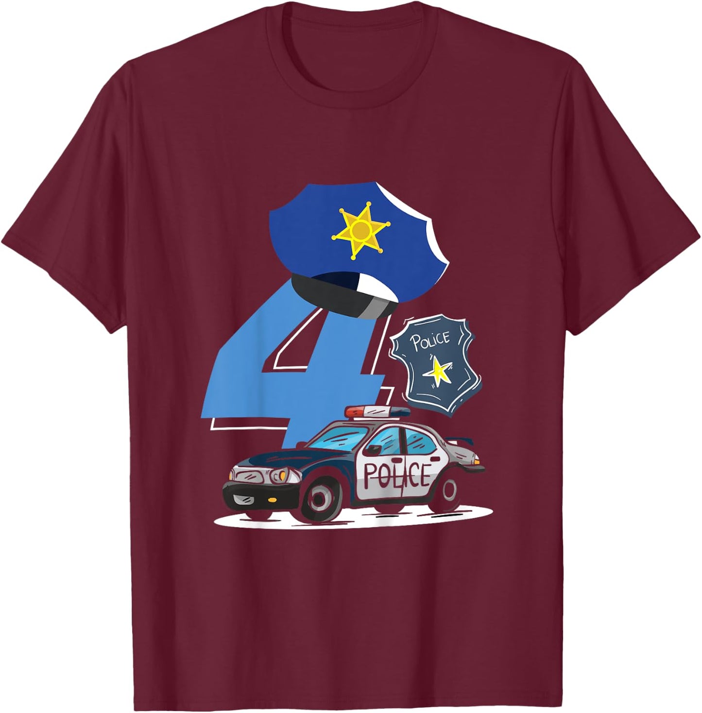 Kids 4th Birthday Police Car Policeman Costume T-Shirt - T-Shirt | Maroon