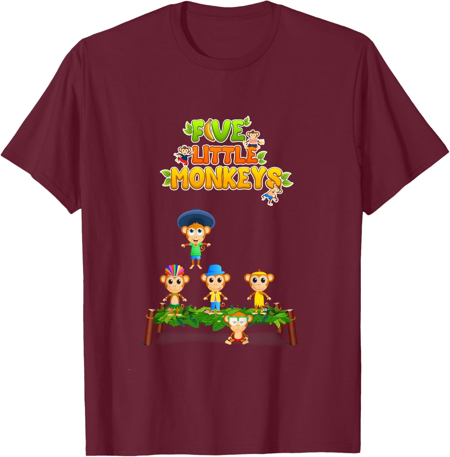 Kids Nursery Rhymes Shirt Five Little Monkeys Jumping On The Bed T-Shirt - T-Shirt | Maroon