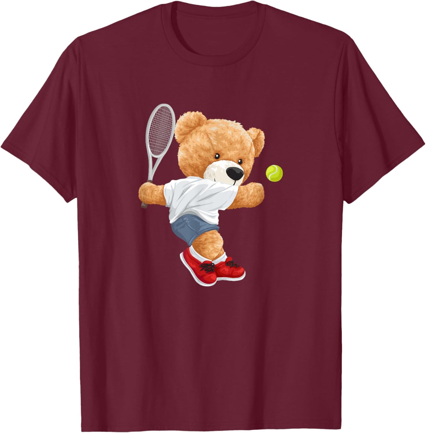 Cool Teddy Bear Playing Tennis Illustration Graphic Designs T-Shirt - T-Shirt | Maroon
