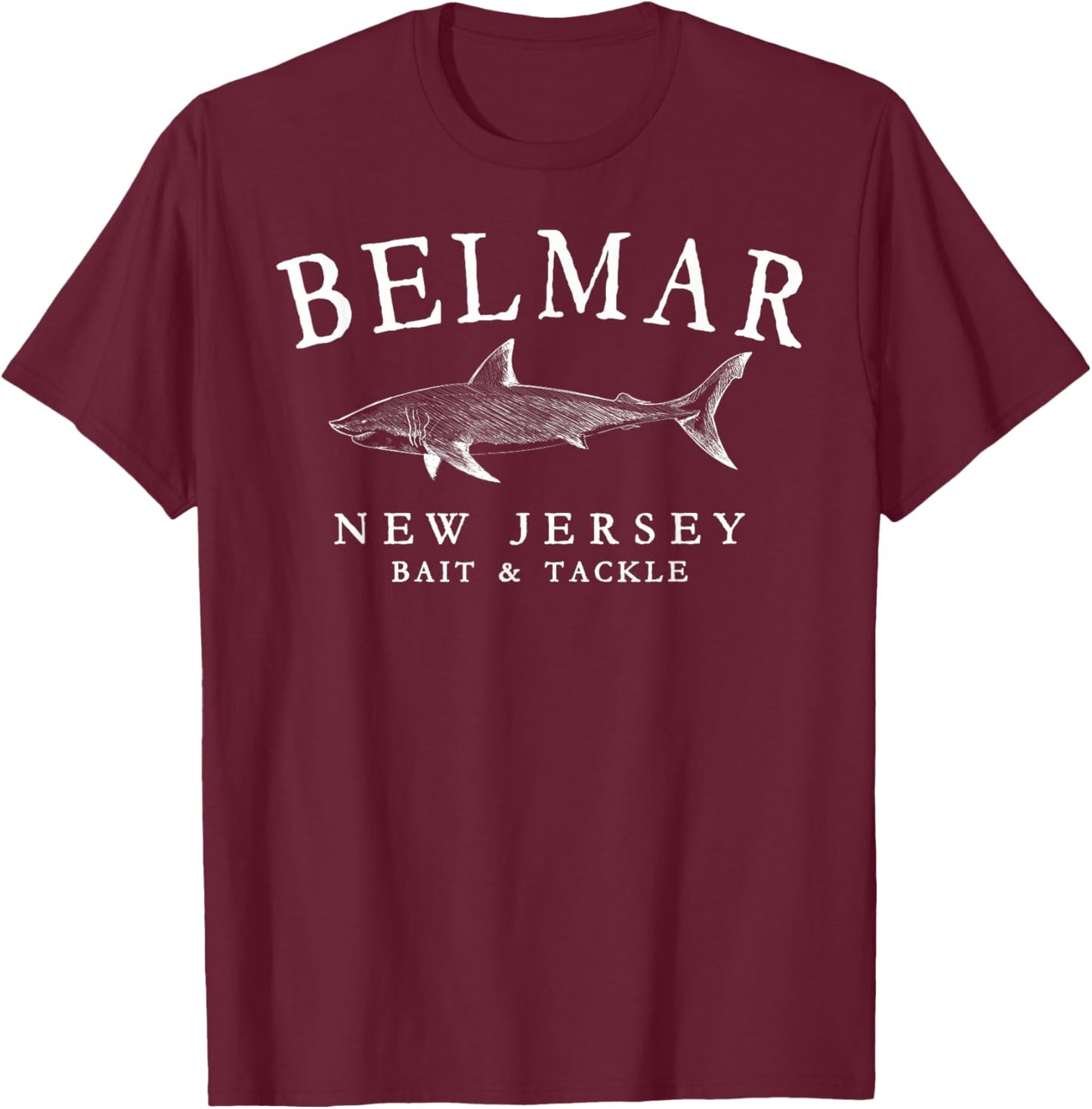 Belmar New Jersey Shark Retro White Art Fishing T-Shirt - T-Shirt | Maroon