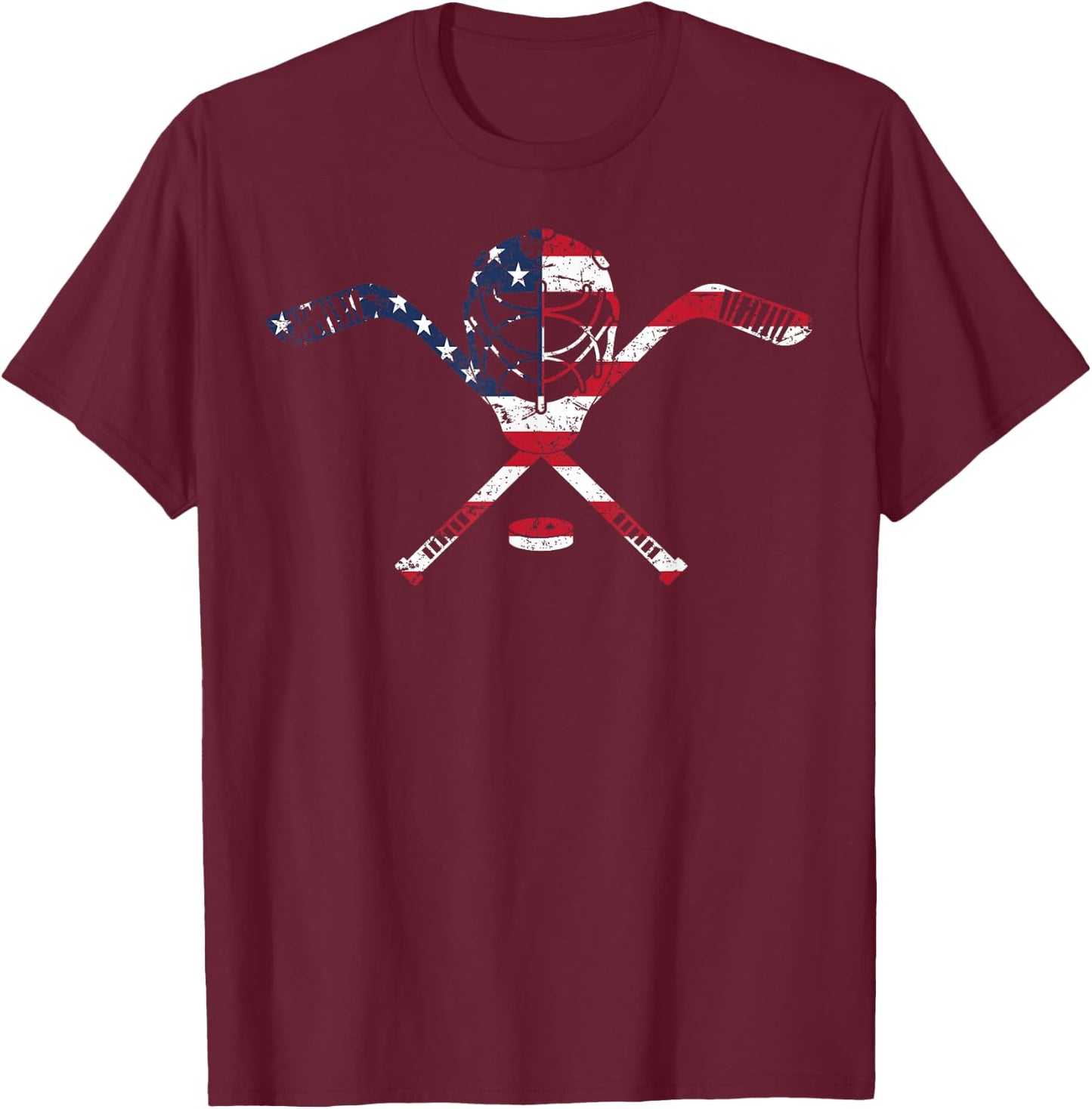 USA American Flag Ice Hockey Goalie Mask Stick Patriotic T-Shirt - T-Shirt | Maroon