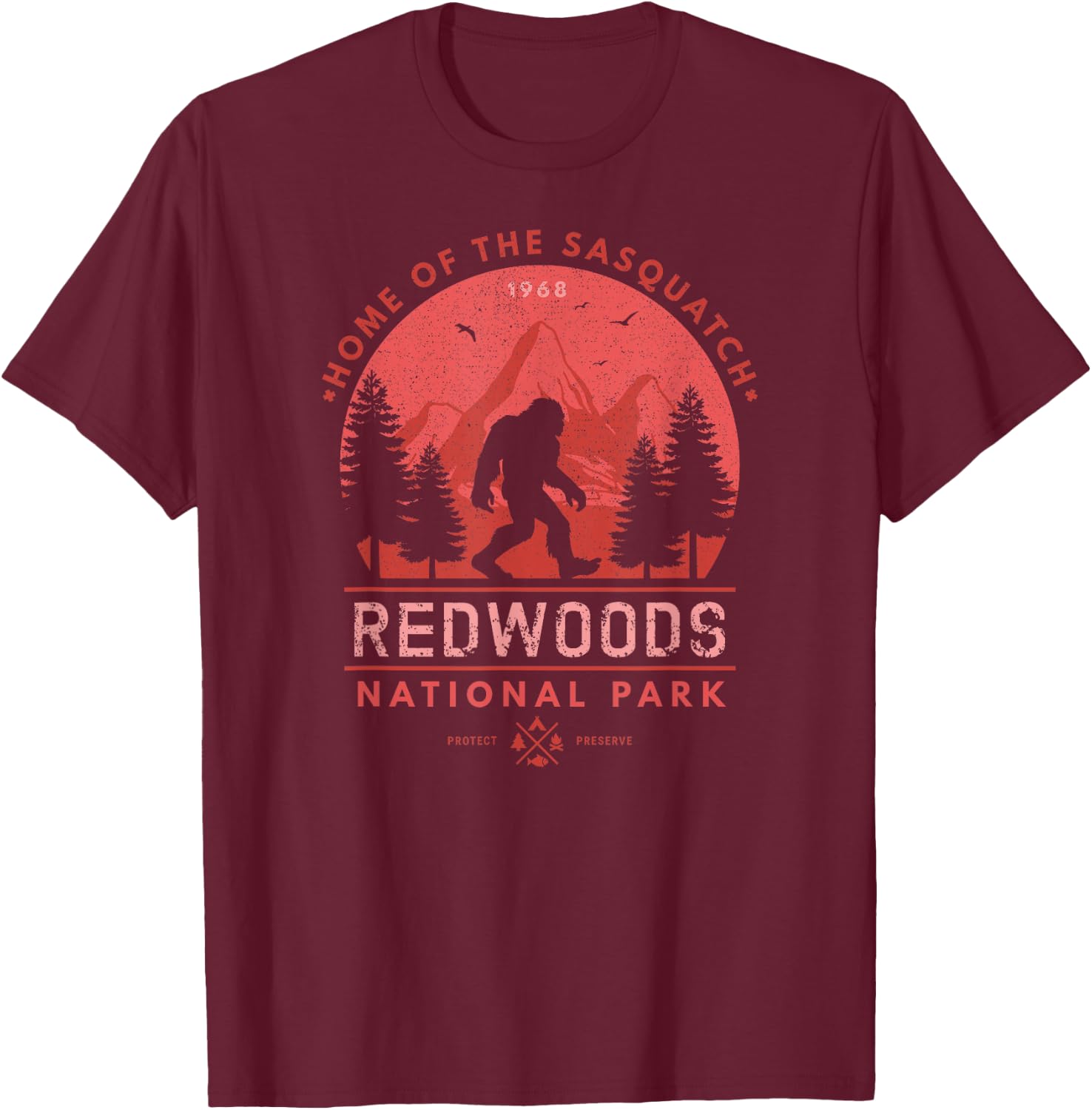 Bigfoot Redwoods Wilderness T Shirt California Sasquatch T-Shirt - T-Shirt | Maroon