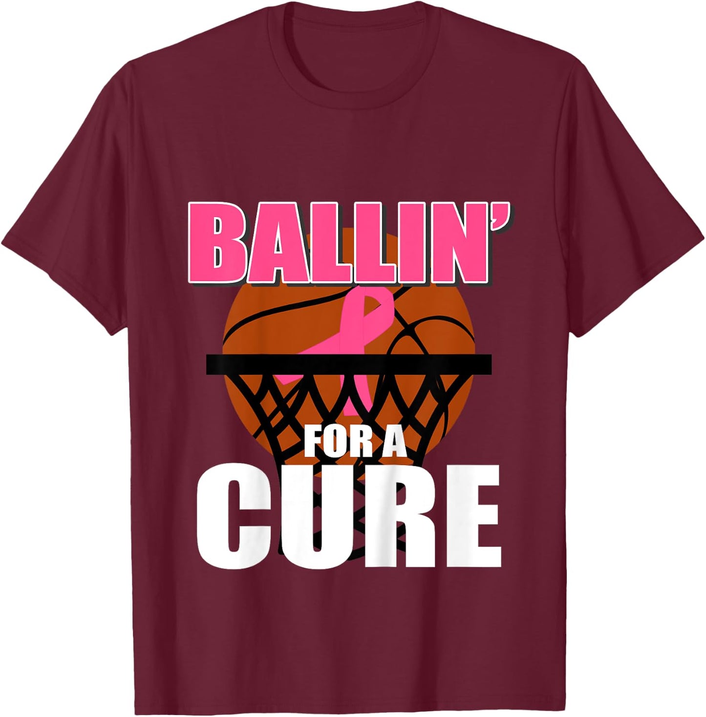 Kids Basketball Breast Cancer Pink Ribbon for Boys Girls Children T-Shirt - T-Shirt | Maroon