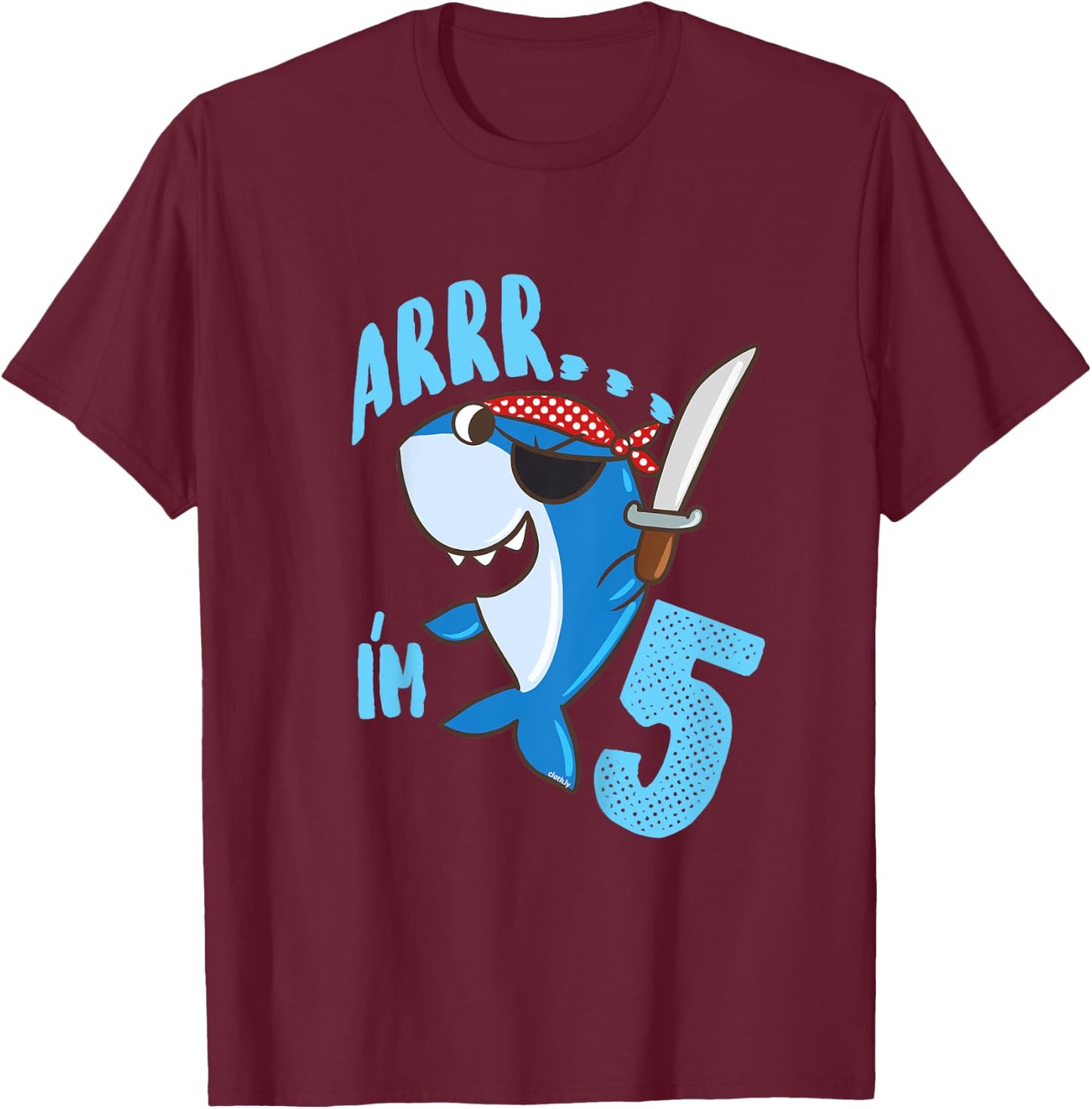 Kids 5th Birthday Gift Boys Shark Pirate 5 Years T-Shirt - T-Shirt | Maroon