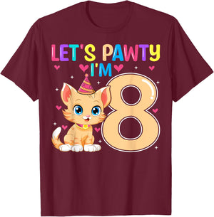 Let's Pawty I'm 8 Cute Cat Kids 8 Years Old 8th Birthday T-Shirt - T-Shirt | Maroon