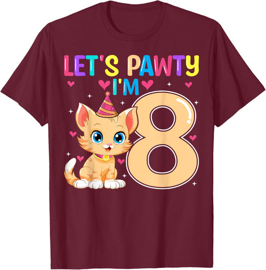 Let's Pawty I'm 8 Cute Cat Kids 8 Years Old 8th Birthday T-Shirt - T-Shirt | Maroon