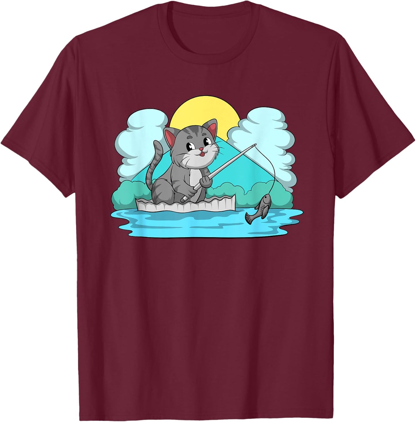 Funny Kitten Cute Kawaii Neko Cat Fishing Men Women Kids T-Shirt - T-Shirt | Maroon