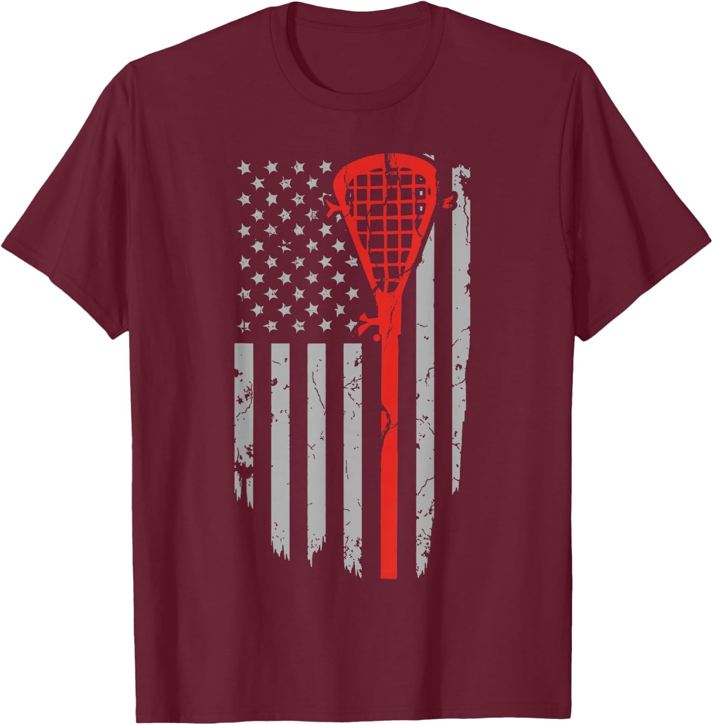 Vintage American Flag Lacrosse Youth Apparel, Boys Men USA T-Shirt - T-Shirt | Maroon
