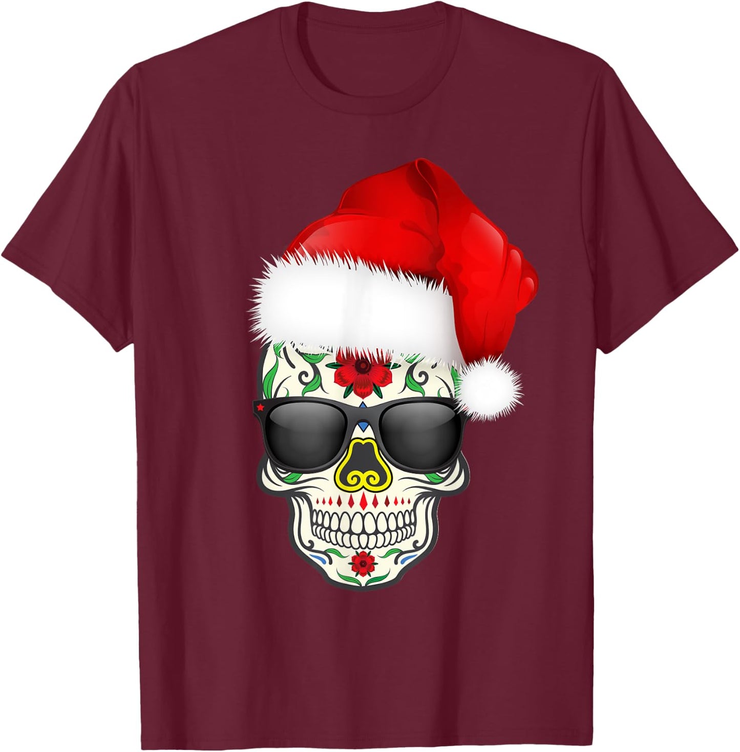 Christmas Hat Santa Day Of The Dead Sugar Skull Party Shirt T-Shirt - T-Shirt | Maroon