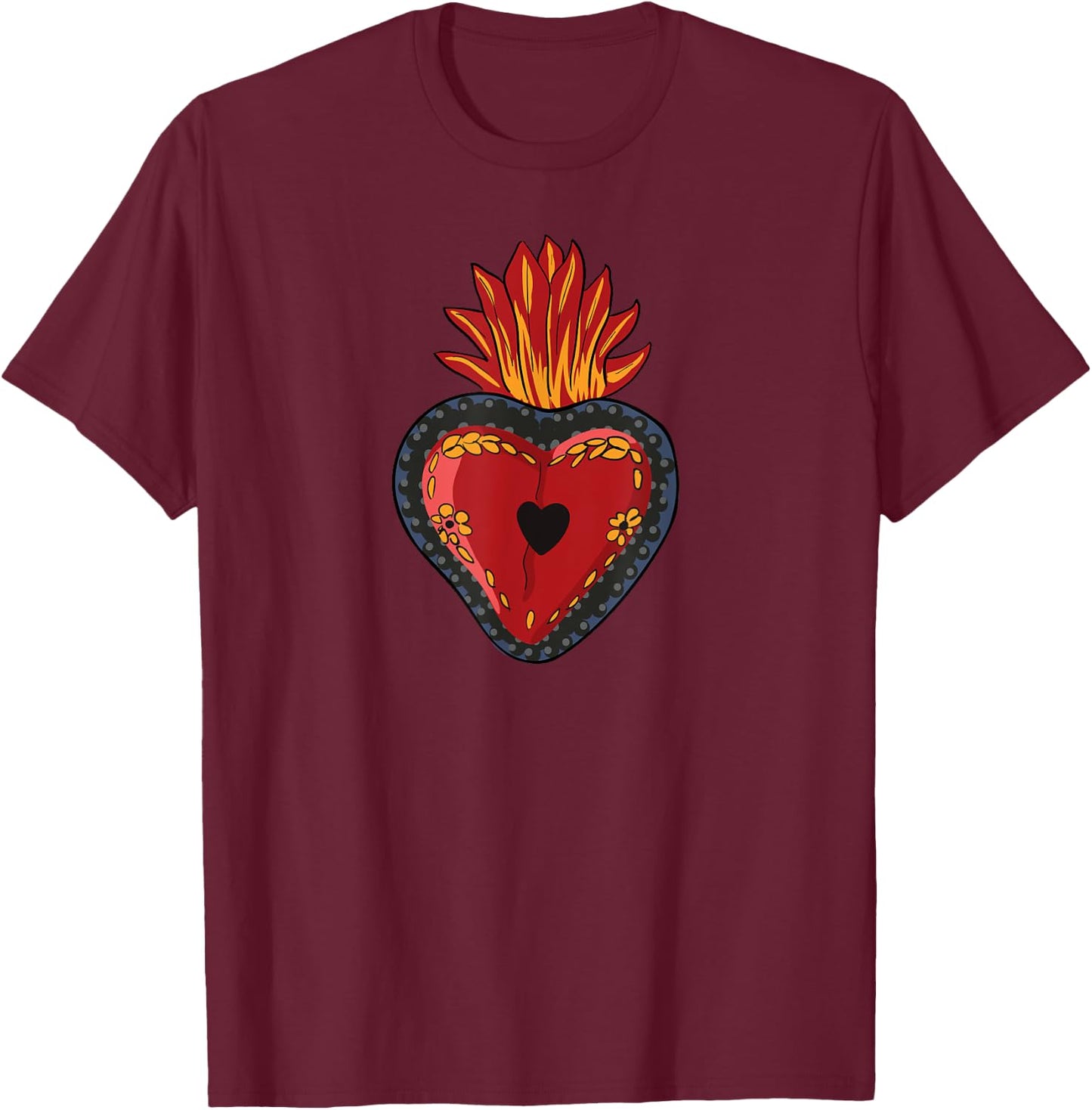 Flaming Sacred Heart Mexican Folk Art Devotion Symbol T-Shirt - T-Shirt | Maroon
