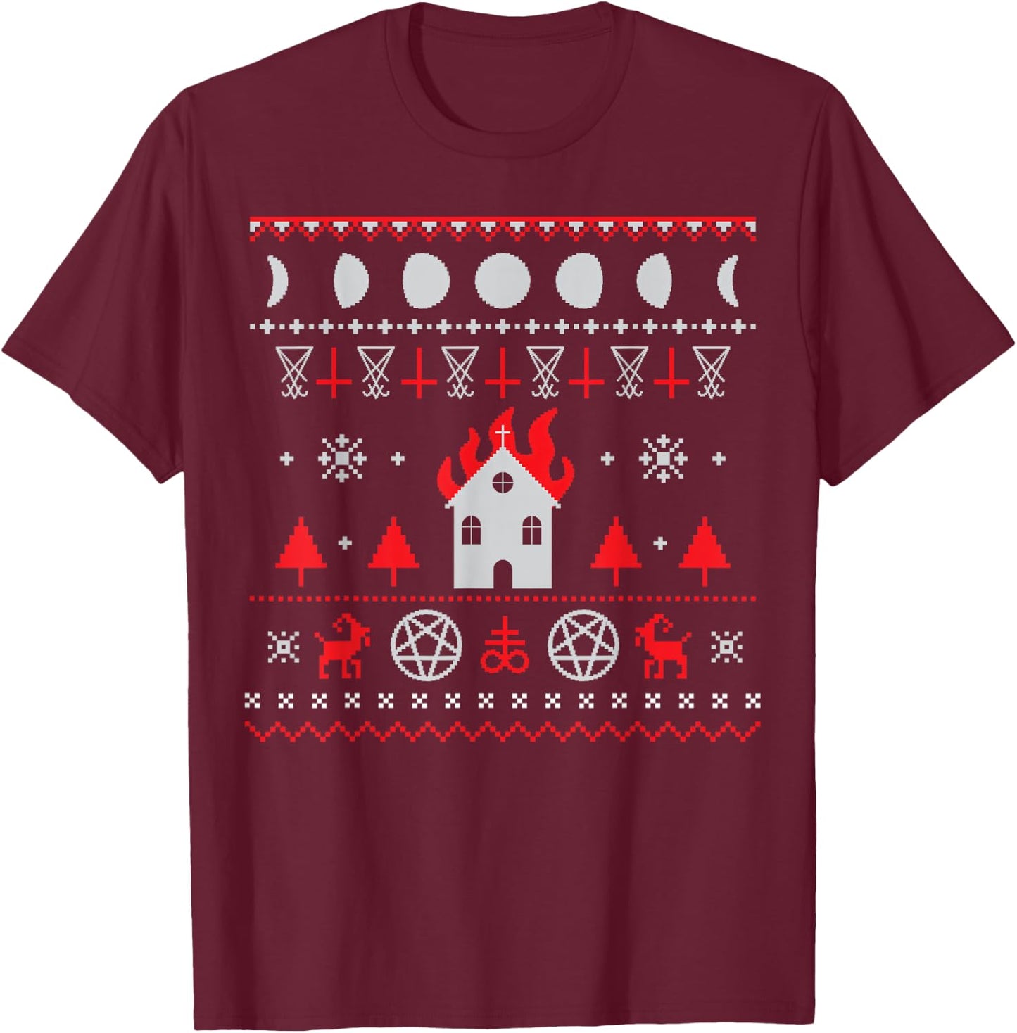 The Eldest Cult | Ugly Anti Christmas Sweater Gift - Burning Church Satanic Lucifer Pentagram Upside Down Cross T-Shirt - T-Shirt | Maroon